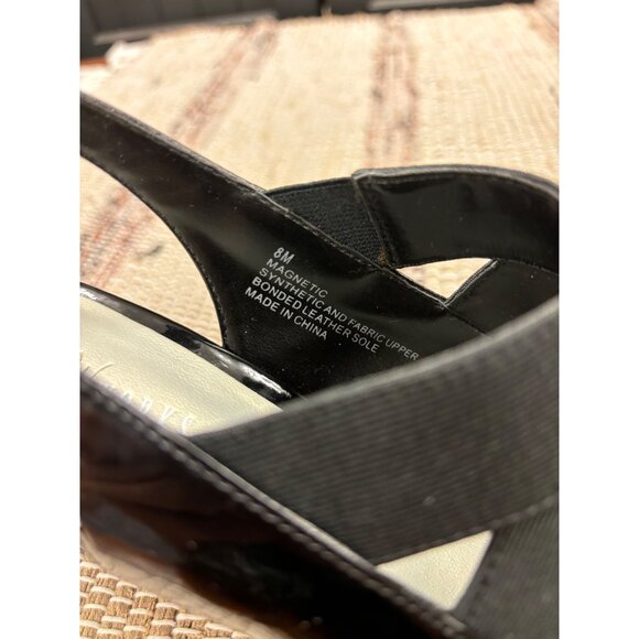 Studio Works Ladies Black Open Toe Elastic Strap 3” Heels With Bonded Leather So - Picture 7 of 8